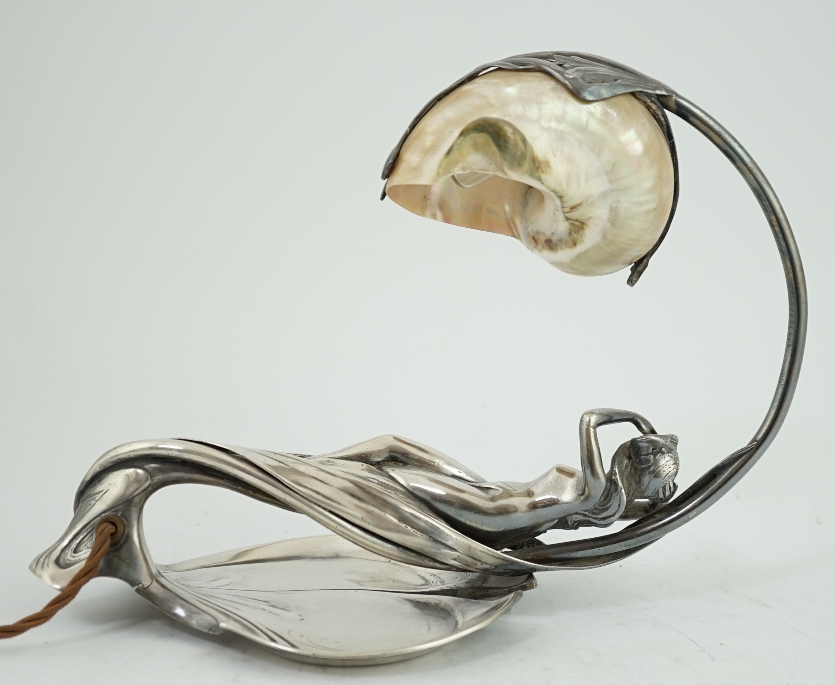 An Art Nouveau electroplate shell mounted figural wall light, by Moritz Hacker, c.1900